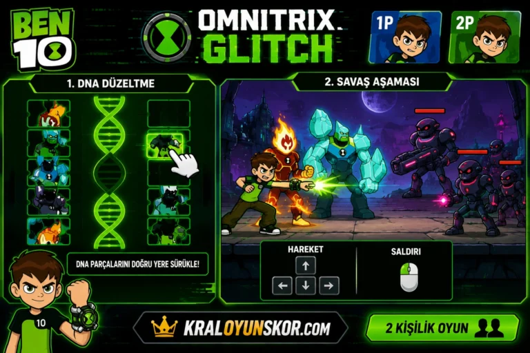 Omnitrix Glitch oyununda DNA düzeltme ve uzaylı savaşı ekranı