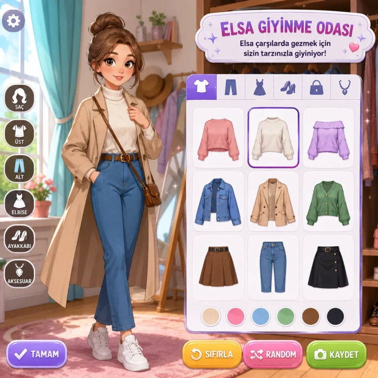 Günlük kıyafet kombinleri deneyen genç karakterin moda odası sahnesi