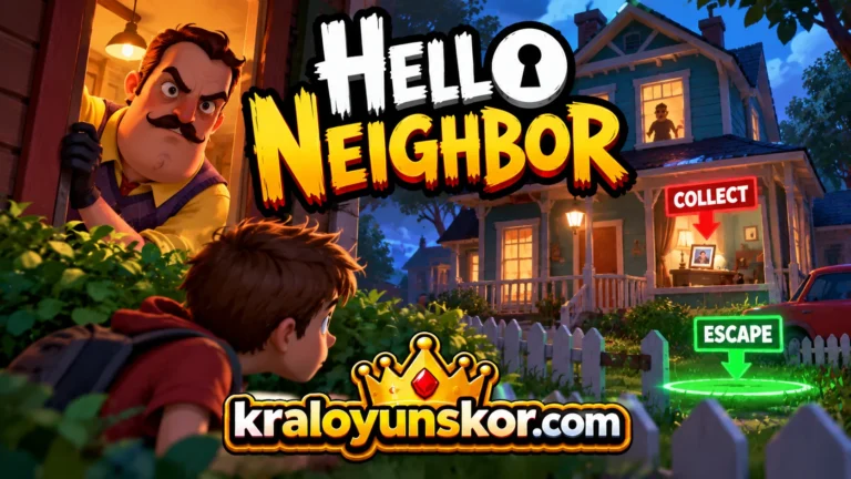 Hello Neighbor oyunu oyna Hello Neighbor oyununda sarı gömlekli gizemli komşunun iki katlı evine gizlice yaklaşan oyuncu