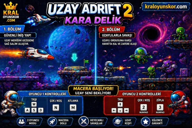 Uzay Adrift 2: Kara Delik oyunu oyna Uzay Adrift 2 Kara Delik oyununda bir yanda uzay mekiğinin iniş yaptığı, diğer yanda astronotların uzaylılarla savaştığı renkli uzay sahnesi