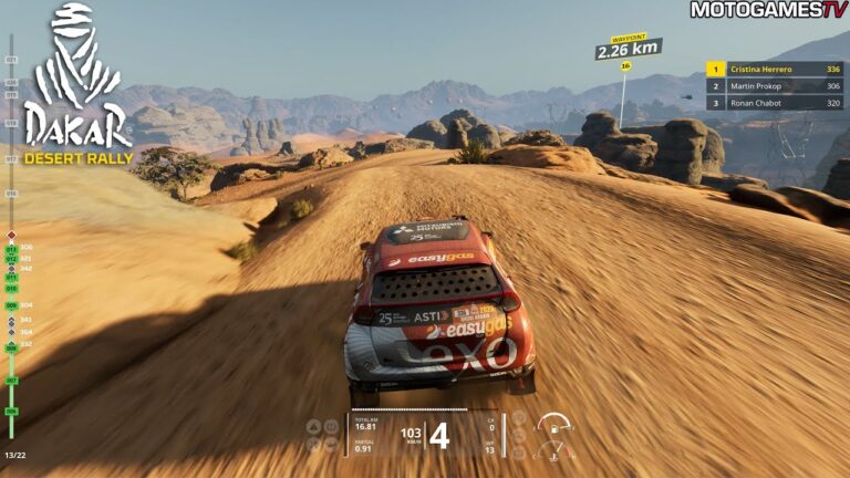 Dakar Yarışı oyununda offroad aracın çöl parkurunda sıçrayarak ilerlediği oynanış görüntüsü