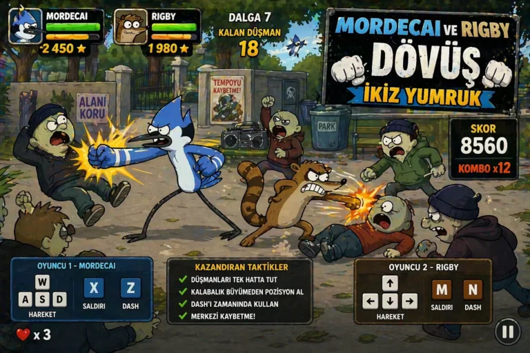 Mordekay ve Rigby Dövüş İkiz Yumruk oyunu oyna Mordecai ve Rigby Dövüş İkiz Yumruk oyununda iki karakterin gelen rakiplere karşı açık alanı koruyarak dövüştüğü sahne