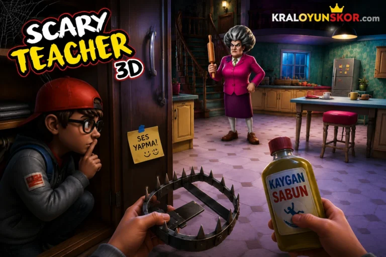 Scary Teacher 3D Online oyununda elinde tuzak malzemesiyle mutfaktaki dolabın arkasına gizlenerek korkunç öğretmenin geçmesini bekleyen öğrenci sahnesi