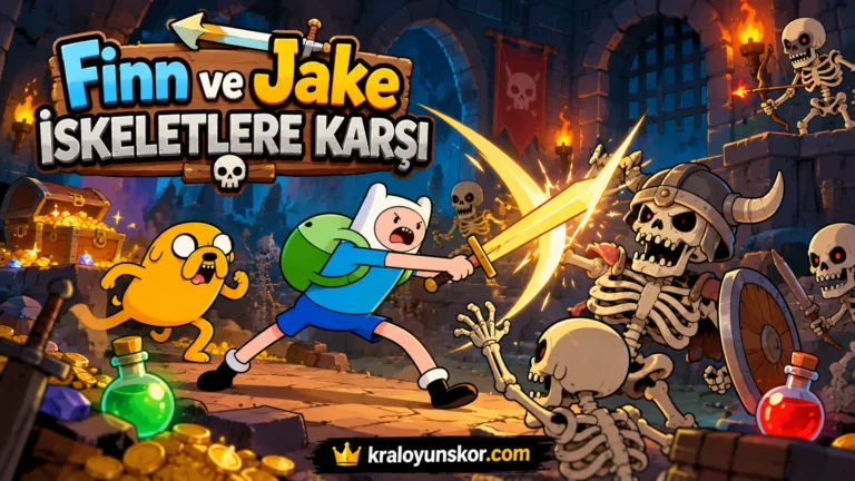 Finn ve Jake İskeletlere Karşı oyunu oyna Finn ve Jake İskeletlere Karşı oyununda Finn'in kılıcıyla iskelet savaşçılara saldırdığı, Jake'in ve iksirlerin bulunduğu zindan sahnesi