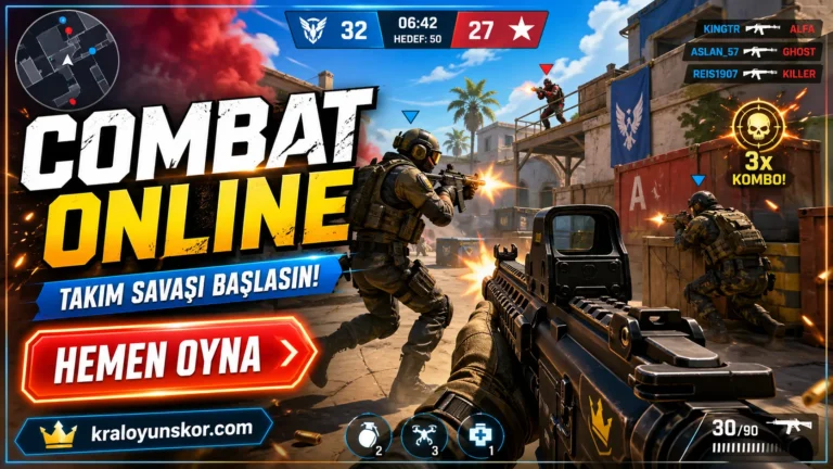 Combat Online oyununda şehir haritasında takım savaşına giren askerlerin çatıştığı, skor tablosu ve nişangâh arayüzünün göründüğü aksiyon sahnesi