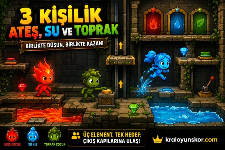 3 Kişilik Ateş, Su ve Toprak oyunu oyna Çok katlı taş tapınak haritasında kırmızı lav havuzunun kenarında duran Ateş Çocuk, asansör butonuna basan Toprak Çocuk ve yukarı tırmanan Su Kız sahnesi