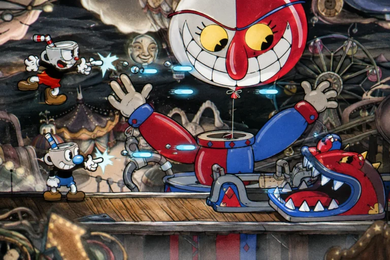 Cuphead oyunu oyna Cuphead ve Mugman karakterlerinin dev bir bossa karşı savaştığı sahne