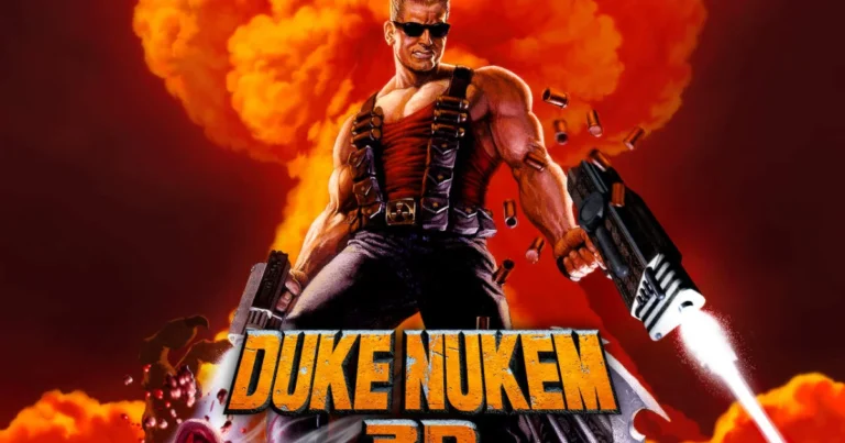 Duke Nukem 3D oyunu oyna Duke Nukem 3D oyununda uzay üssü koridorlarında düşmanlarla çatışma sahnesi