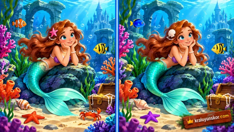 Ondine Resimleri Karşılaştır oyununu temsil eden yan yana iki su altı deniz kızı tablosunda fark aranan 2D bulmaca sahnesi