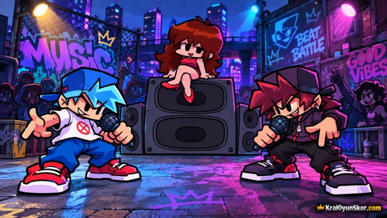 Friday Night Funkin' 2 Kişilik Mod oyununu temsil eden mikrofonlarla karşılıklı ritim düellosu yapan iki 2D müzik karakteri
