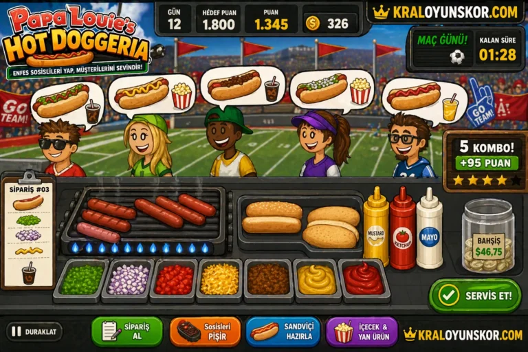 Papa Louie’s Hot Doggeria oyununda maç günü kalabalığında sosisli hazırlama, sos ekleme ve müşteri siparişi yönetimi sahnesi