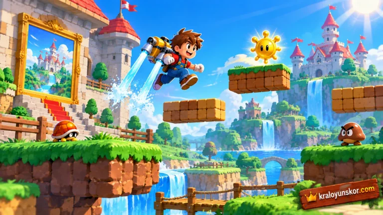 Super Mario 63 oyununu temsil eden açık yeşil tepelik dünyada sırtındaki mekanik su aygıtıyla havada süzülen stilize platform kahramanının yer aldığı 2D sahne