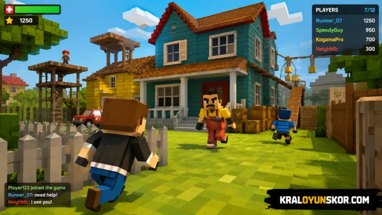 Blok tabanlı 3D mahalle haritasında karakterlerin keşif yaptığı oyun sahnesi.