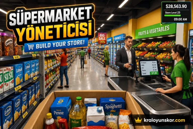 Birinci şahıs kamera açısıyla elindeki un kolisini market rafına yerleştiren oyuncu ve arka planda kasada bekleyen müşterilerin olduğu süpermarket içi sahnesi