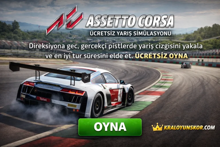 Assetto Corsa oyununda yarış pistindeki keskin bir virajda apeksi yakalayarak arkasında hafif dumanlar çıkarıp hızlanan spor bir yarış arabası sahnesi