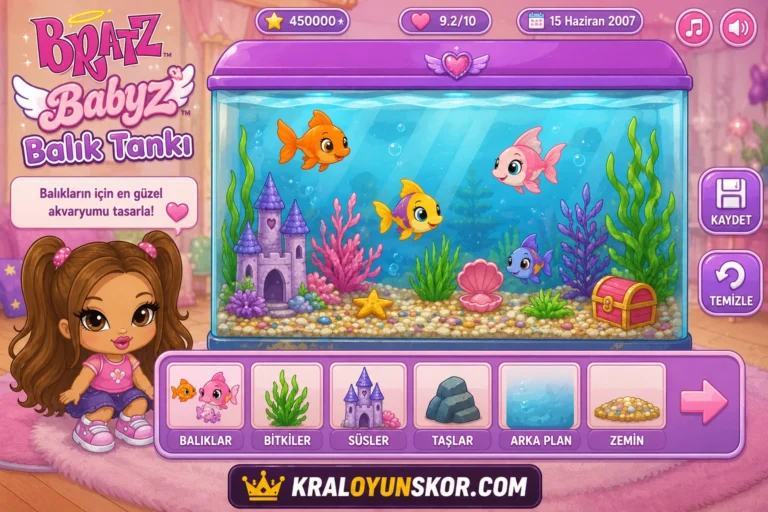 Bratz Babyz Balık Tankı oyunu oyna Renkli balıklar, su bitkileri ve dekoratif süslerle tasarlanmış sevimli akvaryum sahnesi