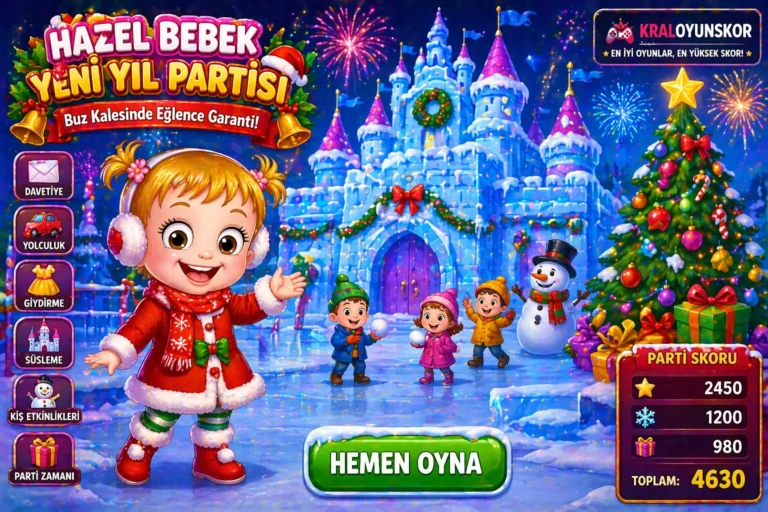 hazel bebek yeni yıl partisi oyununda buz kalesi önünde yılbaşı etkinliğine katılan hazel sahnesi