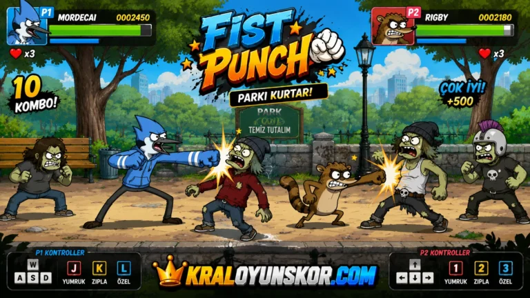 First Punch oyunu oyna Punch oyununda şehir parkında düşman çetelerine karşı dövüşen stilize ikili karakterlerin yer aldığı temsilî 2D oyun görseli.
