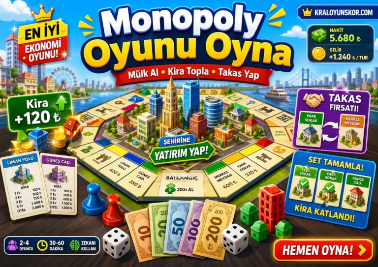 Monopoly oyununda şehir temalı tahta üzerinde mülk kartları, zarlar, para ve takas panellerinin göründüğü ekonomik rekabet sahnesi