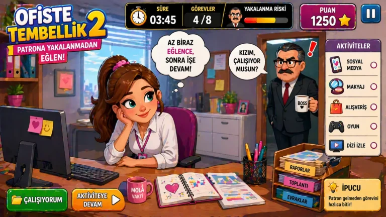 Ofiste Tembellik 2 oyunu oyna Ofiste Tembellik 2 oyununda genç kızın masa başında gizli aktiviteler yaparken patrona yakalanma riskini yönettiği renkli ofis sahnesi
