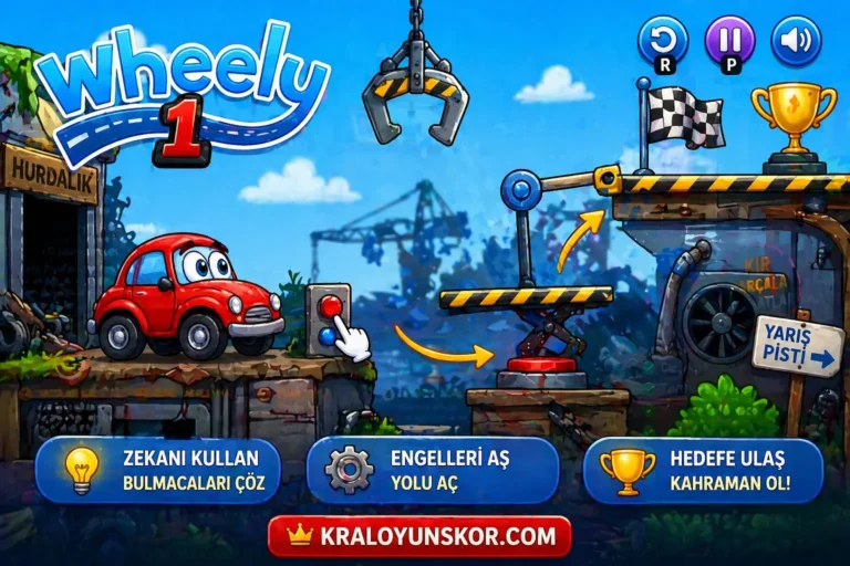 Wheely 1 oyununda hurdalık temalı bölümde küçük kırmızı arabanın düğmeler ve platformlarla yolu açılarak çıkışa ulaştırıldığı sahne