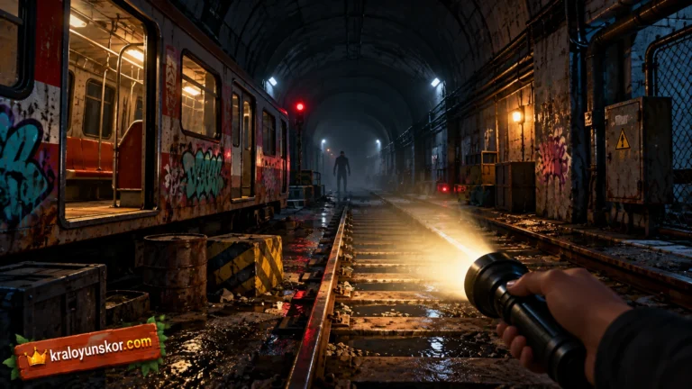Subway Surf Korku oyununu temsil eden karanlık metro tünelinde raylar üzerinde el feneri tutulan 3D birinci şahıs kaçış sahnesi