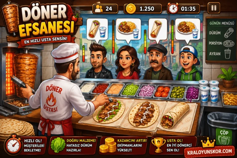 Döner Efsanesi oyunu oyna Döner restoranı mutfağında tezgahın arkasında duran şefin önündeki lavaşlara döner, marul ve sos ekleyerek müşterilere dürüm hazırladığı servis sahnesi
