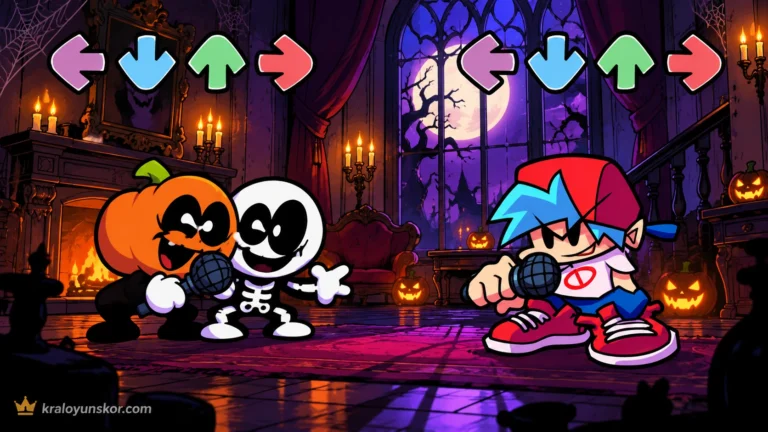 FNF Spooky Mix oyununu temsil eden Cadılar Bayramı köşkünde mikrofonla ritim savaşı yapan stilize karakterlerin yer aldığı 2D müzik sahnesi