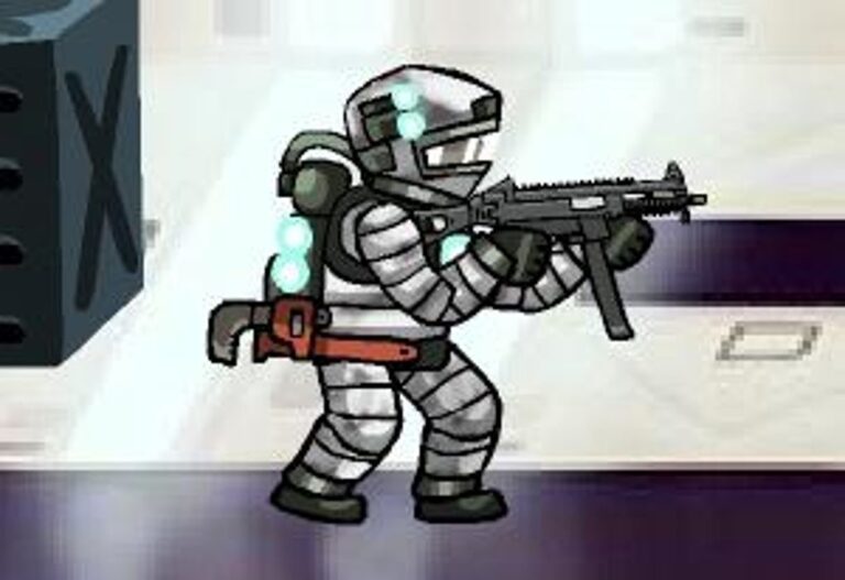 Superfighters 2 oyununda piksel karakterlerin silahlarla savaştığı sahne