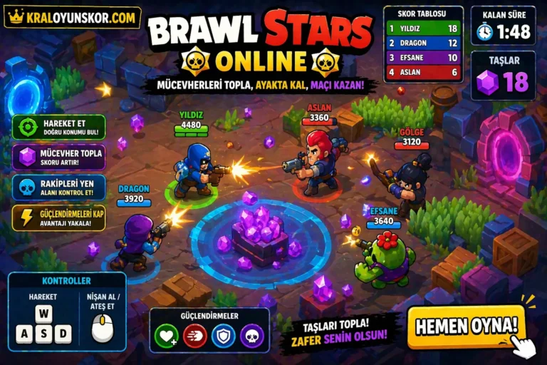 Brawl Stars Online oyununda oyuncuların merkezdeki mücevher alanı etrafında çatışıp taş toplamaya çalıştığı renkli arena sahnesi