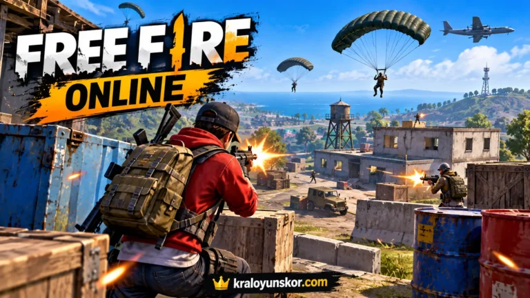 Free Fire Online oyununda siper arkasından ateş eden silahlı karakter, rakipler ve paraşütle inen oyuncuların bulunduğu 3D savaş alanı