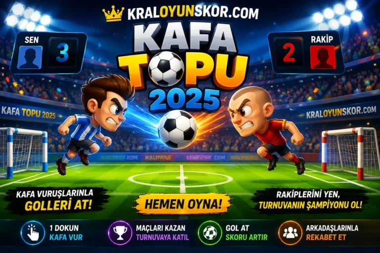 Stadyum içinde kafa vuruşuyla gol atmaya çalışan iki futbolcunun arcade maç sahnesi