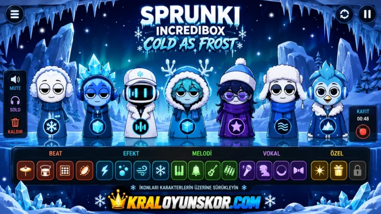 Sprunki Incredibox Cold as Frost oyununda buz temalı karakterlerin müzik performansı sergilediği temsilî 2D oyun sahnesi.