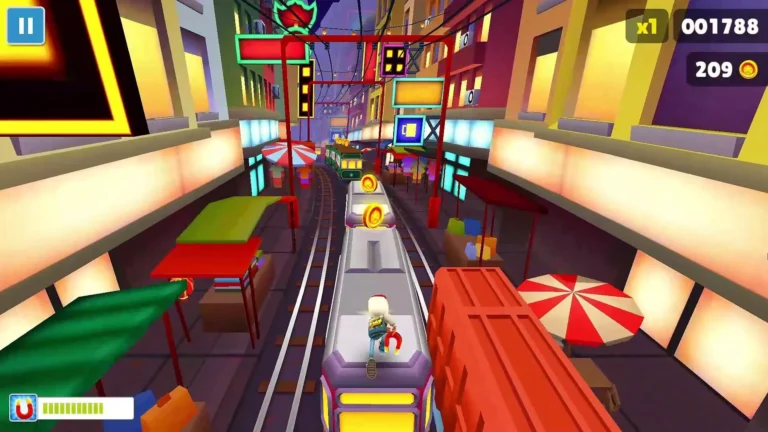 Subway Surfers oyununda tren raylarında koşan karakter