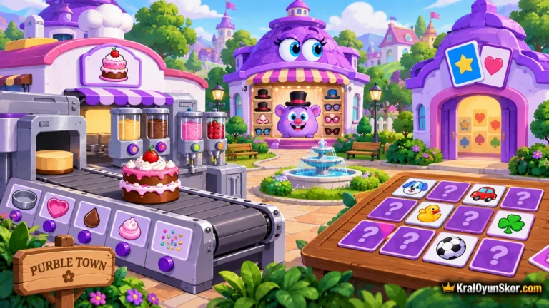 Purble Place oyunu oyna Purble Place oyununu temsil eden mor çatılı kasabada konveyör üzerindeki pasta, hafıza kartları ve yüz tahminini simgeleyen karakter dükkânının yer aldığı 2D bulmaca sahnesi