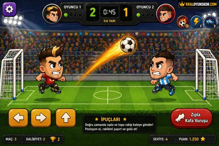 Kafa Topu oyununda iki oyuncunun stadyum içinde topa zıplayarak kafa vurduğu bire bir futbol sahnesi