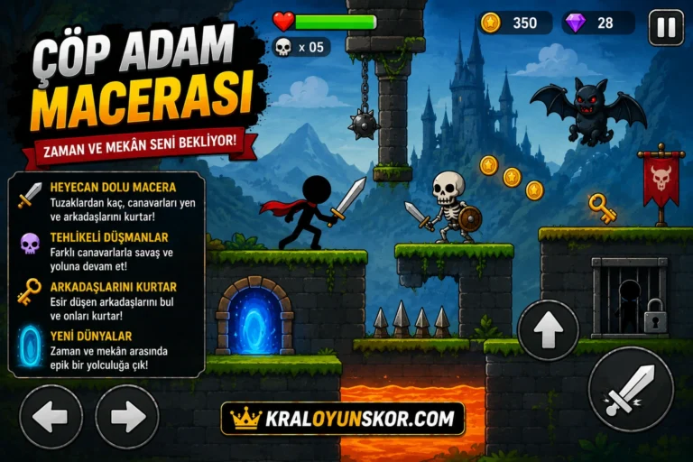 Çöp Adam Macerası oyunu oyna Kılıçlı çöp adam kahramanın canavarlar, tuzaklar ve platformlar arasında ilerlediği fantastik macera sahnesi