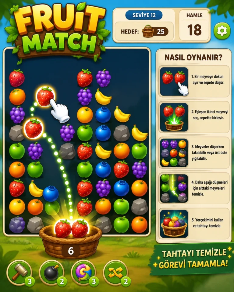 Fruit Match oyunu oyna Renkli meyvelerin fizik kurallarıyla hareket ettiği eşleştirme bulmaca tahtası sahnesi