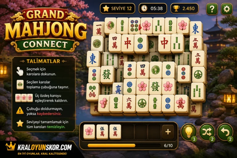 Mahjong taşlarının üçlü eşleştirme tahtasında dizildiği zen temalı bulmaca sahnesi