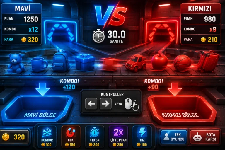 Neon ışıklı oyun alanında mavi ve kırmızı nesnelerin yüksek hızla doğru bölgelere yönlendirildiği arcade sahnesi