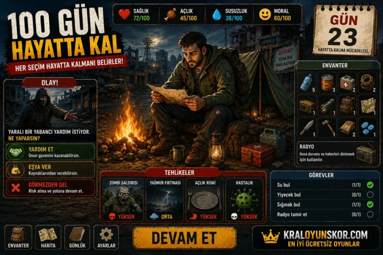 100 Gün Hayatta Kal oyunu oyna Kıyamet sonrası harabe şehirde kamp ateşi başında hayatta kalma planı yapan karakter