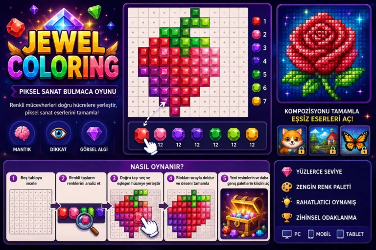 Jewel Coloring oyunu oyna Oyun tahtasındaki boş kare hücrelere alt taraftaki parlak elmas ve yakut gibi renkli mücevherleri yerleştirerek bir ejderha piksel resmini tamamlayan oyuncunun ekran sahnesi
