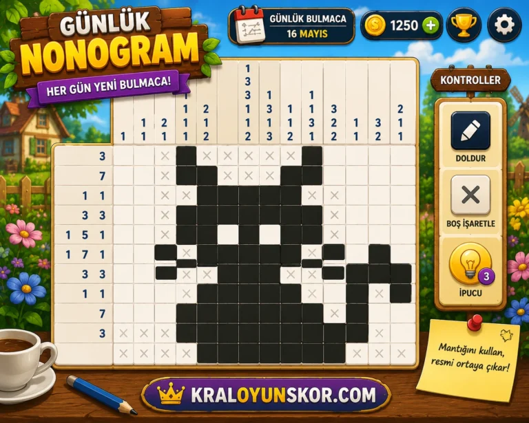 Günlük Nonogram oyunu oyna Sayı ipuçlarını kullanarak gizli resmi ortaya çıkaran günlük nonogram mantık bulmacası ekranı