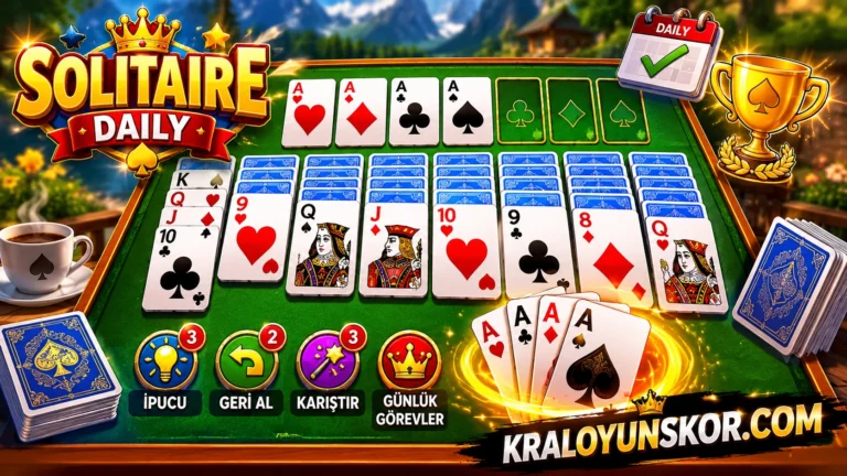 Solitaire Daily oyunu oyna Yeşil çuha masa üzerinde üstteki boş yuvalara As'tan başlayan kupalar ve sinekler dizilirken alttaki yedi sütunda zıt renklerle sıralanmış iskambil kartları sahnesi