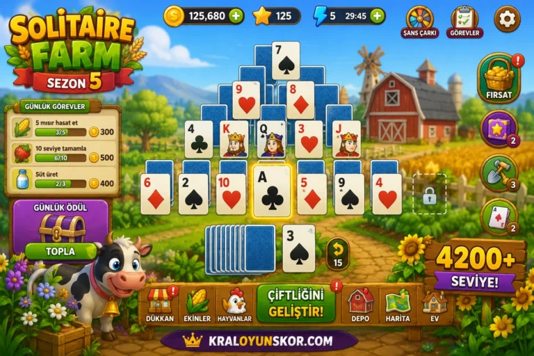 Solitaire Farm Sezon 5 oyunu oyna Çiftlik ortamında solitaire kartlarını temizleyerek ilerleyen oyuncunun renkli tarım macerası