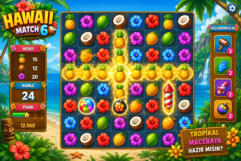 Hawaii Match 6 oyunu oyna Hawaii Match 6 oyununda ananas, Hindistan cevizi ve tropikal çiçeklerin eşleştirildiği renkli bulmaca tahtası.