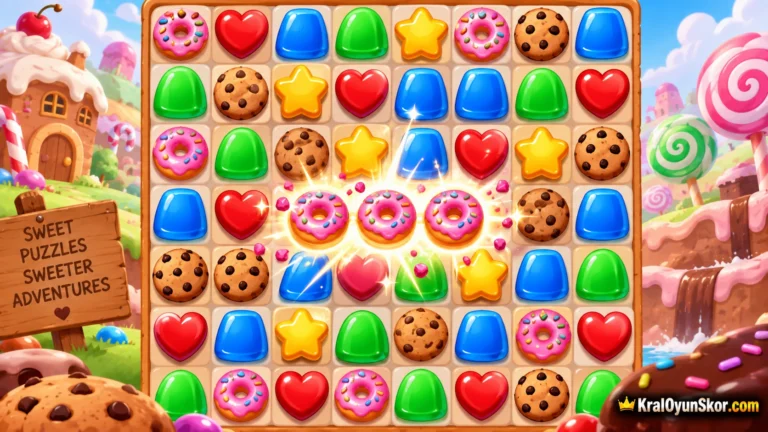 Cookie Land 2 oyunu oyna Cookie Land 2 oyununu temsil eden ızgara üzerinde renkli kurabiye, donut ve şekerlerin üçlü eşleşme oluşturduğu 2D bulmaca sahnesi