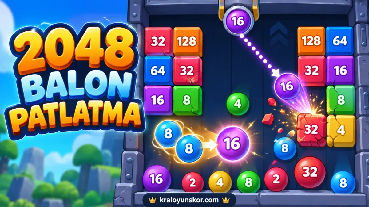 2048 Balon Patlatma oyununda numaralı topların bloklara çarptığı ve aynı sayıların birleştiği oyun alanı