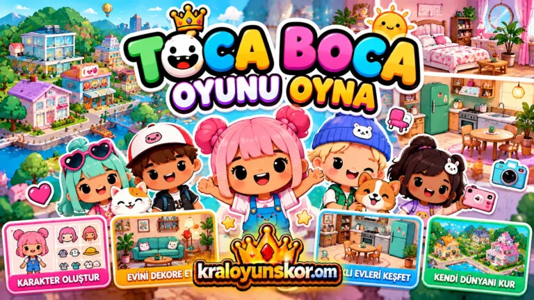 Toca Boca oyunu oyna Toca Boca oyununda renkli evler, dekorasyon eşyaları ve tasarlanabilen karakterler
