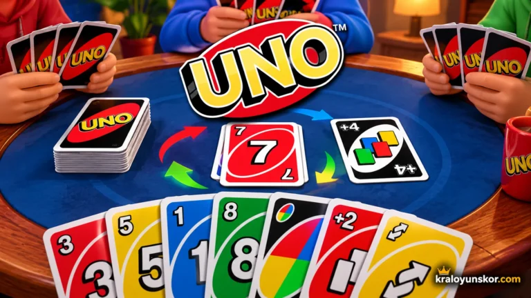 Uno oyunu oyna UNO kart oyununda kırmızı, sarı, yeşil ve mavi sayı kartlarıyla renk değiştirme ve +4 özel kartlarının bulunduğu oyun masası.